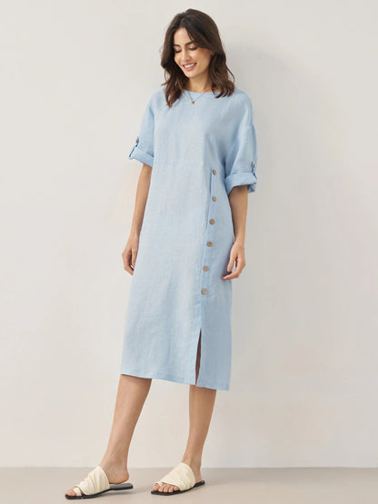 Vestido midi de cuello redondo para mujer con detalle de botones laterales-Midi Dress-Casaluzia