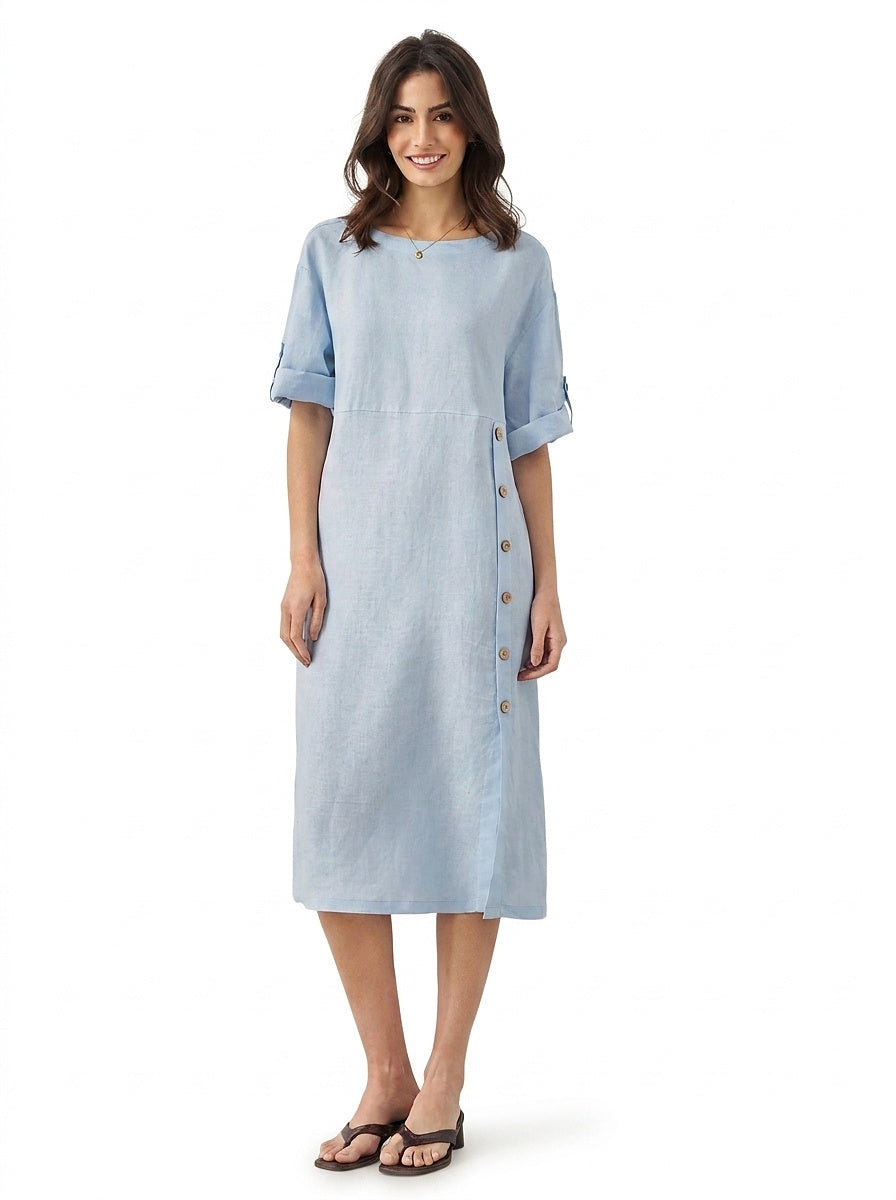Vestido midi de cuello redondo para mujer con detalle de botones laterales-Midi Dress-Casaluzia