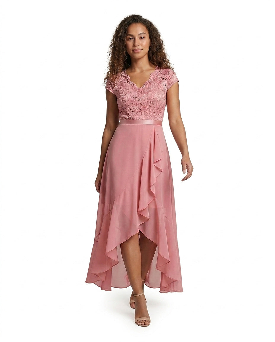 Vestido midi de encaje con bajo asimétrico para mujer-Midi Dress-Casaluzia