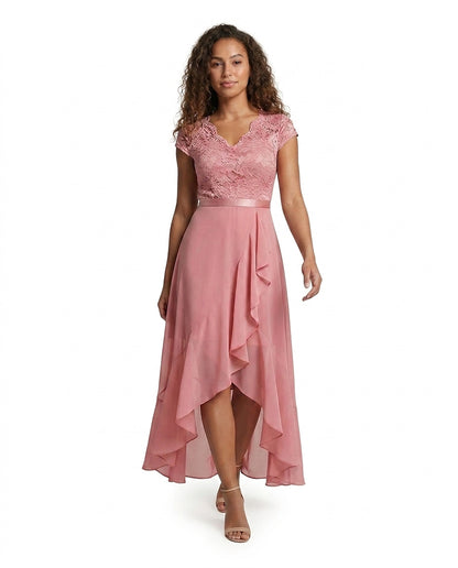 Vestido midi de encaje con bajo asimétrico para mujer-Midi Dress-Casaluzia