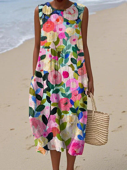 Vestido midi de flores tipo patchwork sin mangas para mujer-Midi Dress-Casaluzia