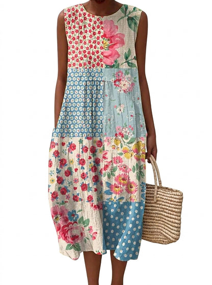 Vestido midi de flores tipo patchwork sin mangas para mujer-Midi Dress-Casaluzia