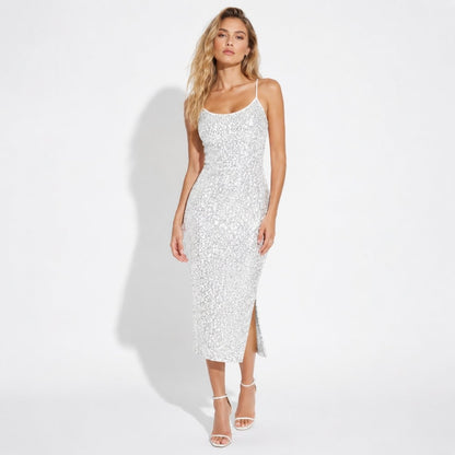 Vestido midi de lentejuelas para mujer con abertura lateral-Midi Dress-Casaluzia