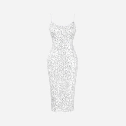 Vestido midi de lentejuelas para mujer con abertura lateral-Midi Dress-Casaluzia