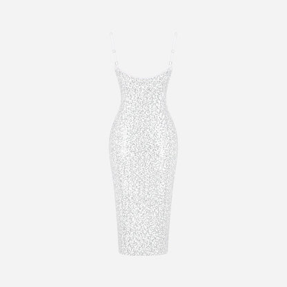 Vestido midi de lentejuelas para mujer con abertura lateral-Midi Dress-Casaluzia
