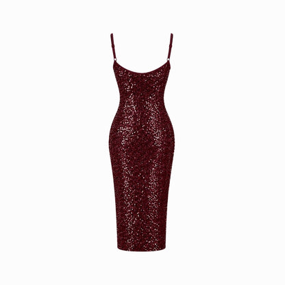 Vestido midi de lentejuelas para mujer con abertura lateral-Midi Dress-Casaluzia