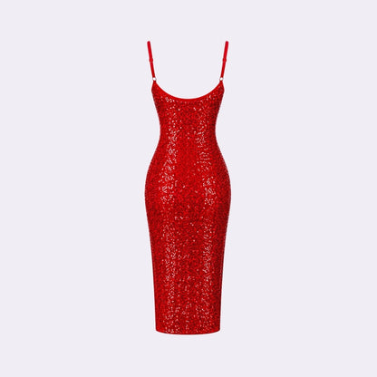 Vestido midi de lentejuelas para mujer con abertura lateral-Midi Dress-Casaluzia