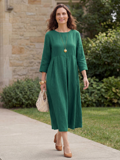 Vestido midi de lino con cuello barco y pliegues para mujer-Midi Dress-Casaluzia