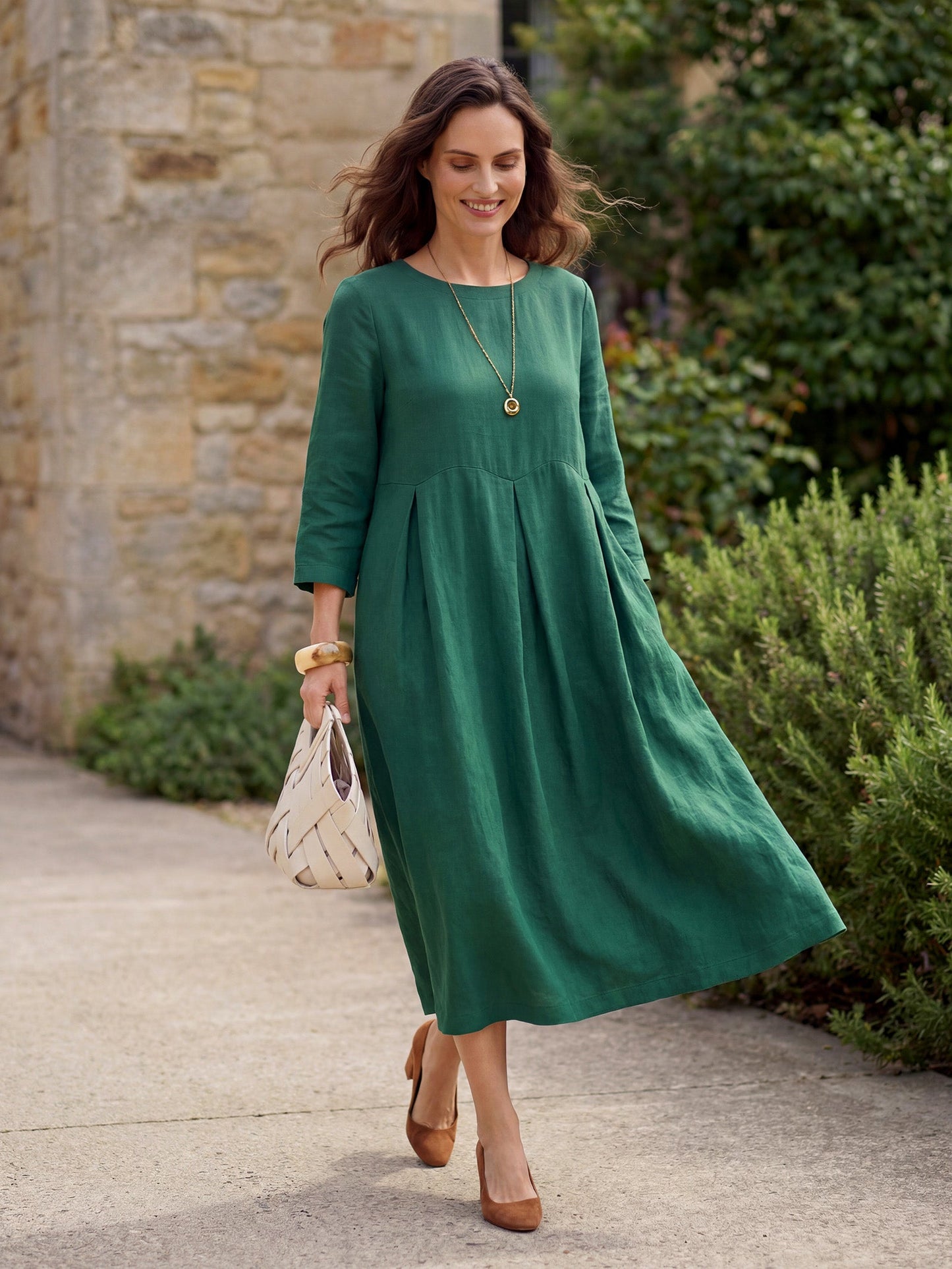 Vestido midi de lino con cuello barco y pliegues para mujer-Midi Dress-Casaluzia