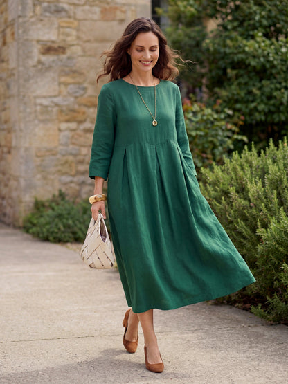 Vestido midi de lino con cuello barco y pliegues para mujer-Midi Dress-Casaluzia