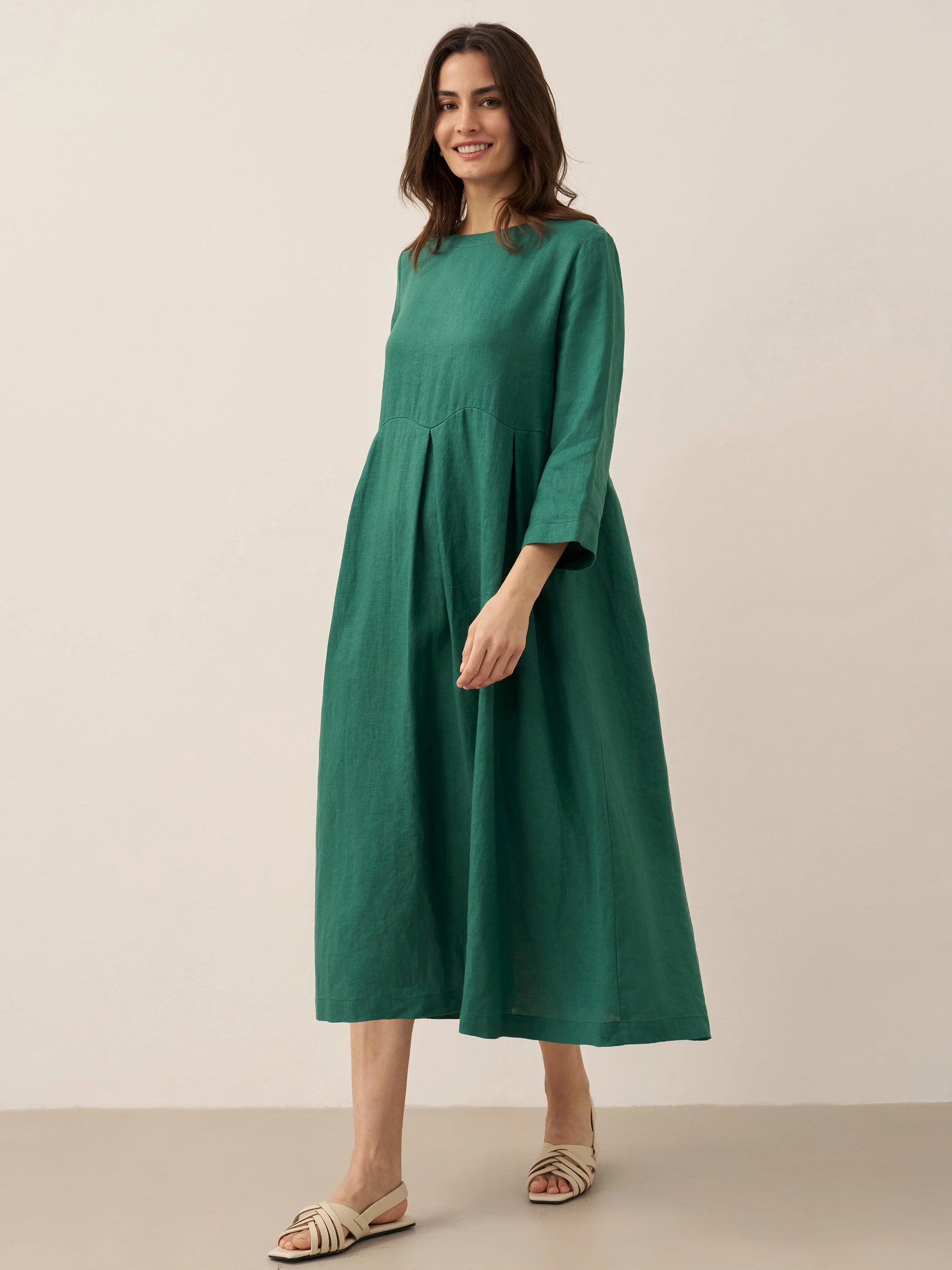 Vestido midi de lino con cuello barco y pliegues para mujer-Midi Dress-Casaluzia