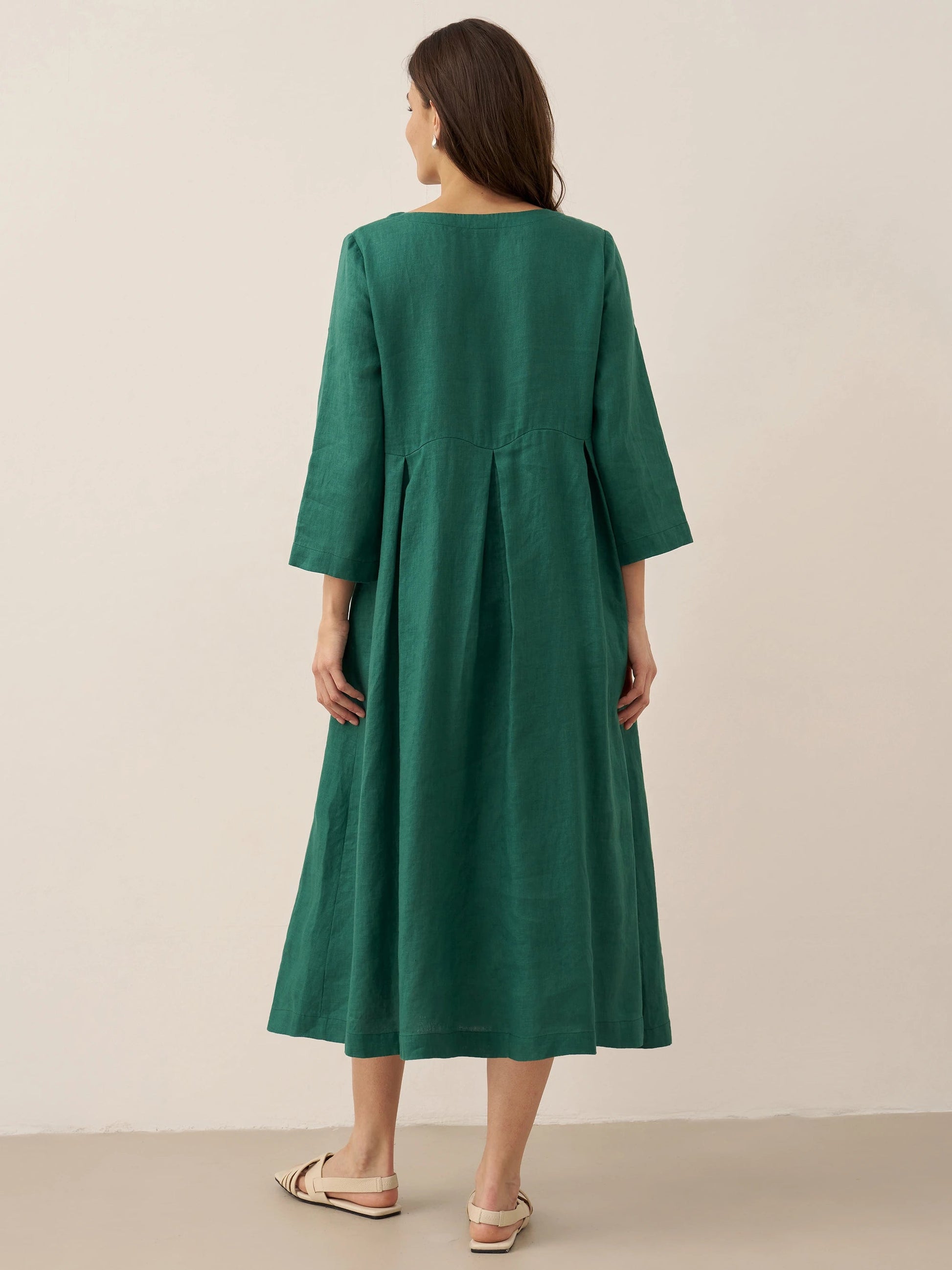 Vestido midi de lino con cuello barco y pliegues para mujer-Midi Dress-Casaluzia