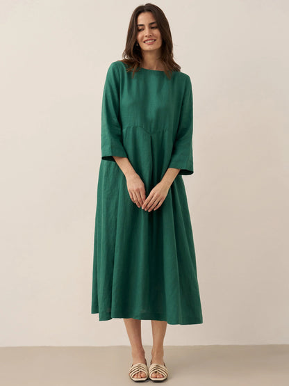 Vestido midi de lino con cuello barco y pliegues para mujer-Midi Dress-Casaluzia
