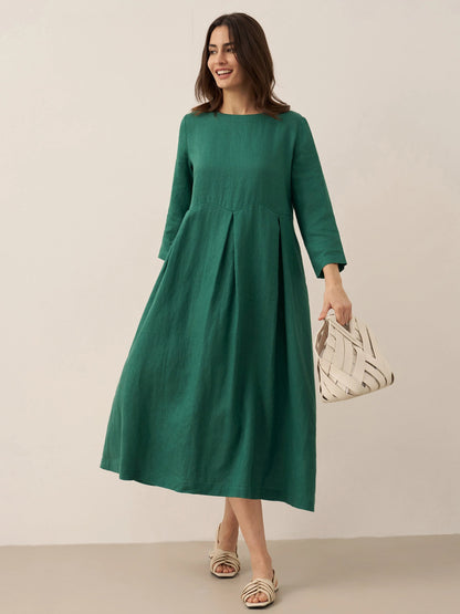 Vestido midi de lino con cuello barco y pliegues para mujer-Midi Dress-Casaluzia