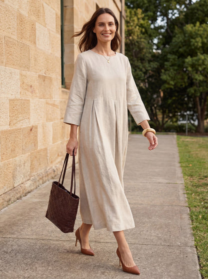 Vestido midi de lino con cuello barco y pliegues para mujer-Midi Dress-Casaluzia