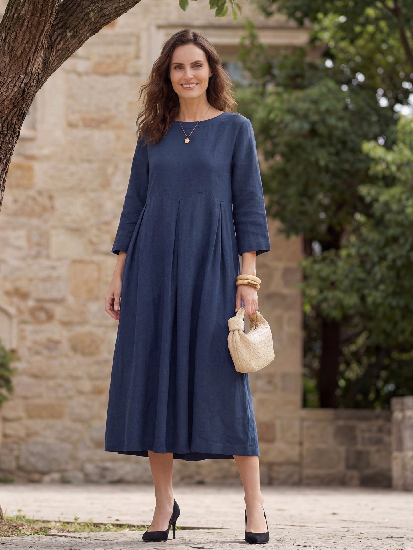 Vestido midi de lino con cuello barco y pliegues para mujer-Midi Dress-Casaluzia