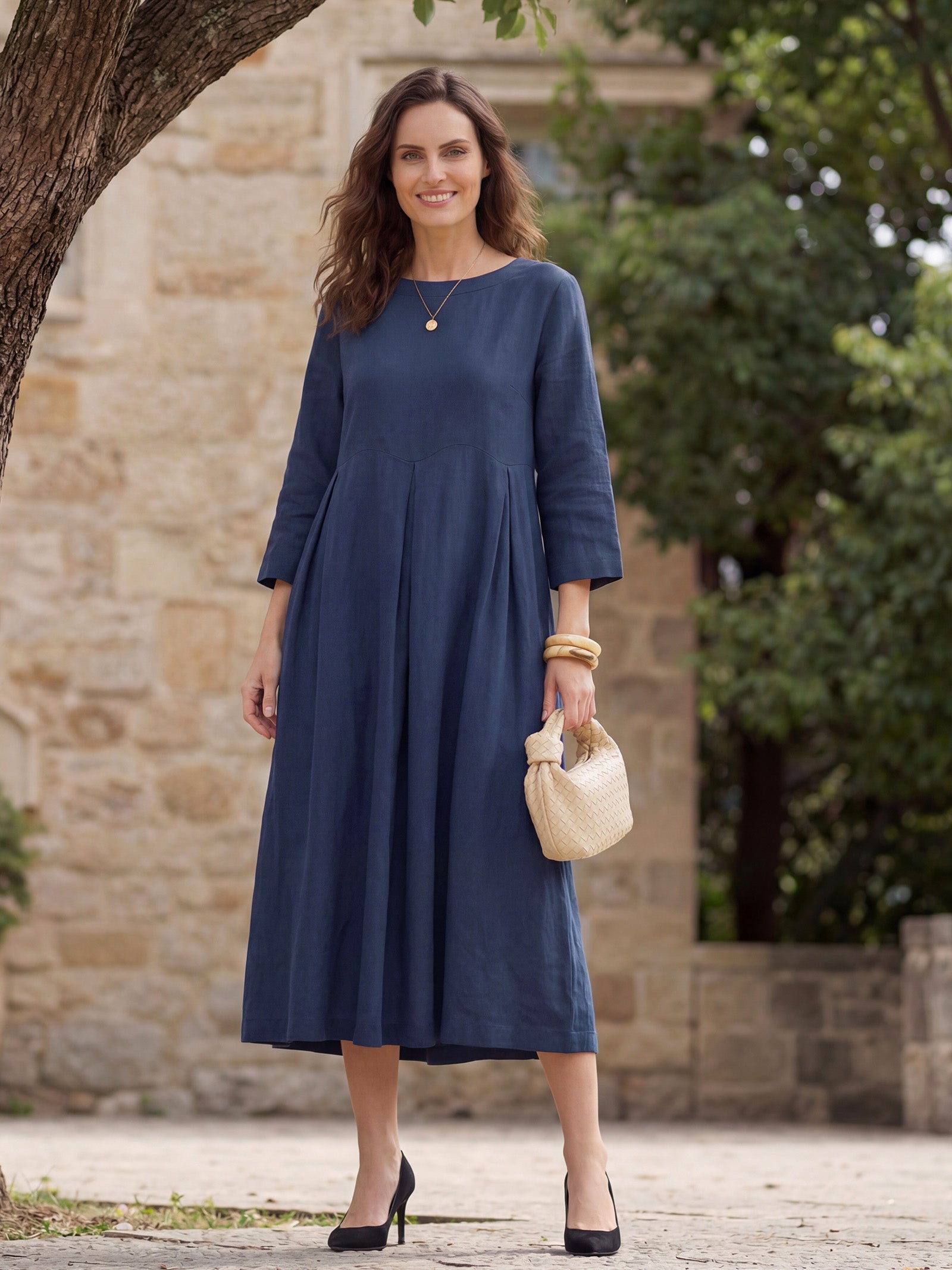 Vestido midi de lino con cuello barco y pliegues para mujer-Midi Dress-Casaluzia