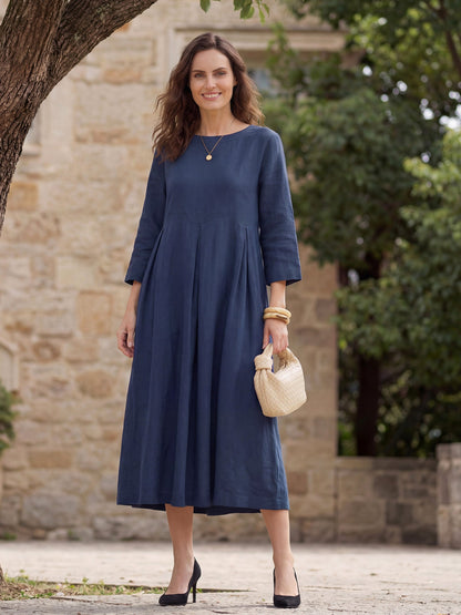 Vestido midi de lino con cuello barco y pliegues para mujer-Midi Dress-Casaluzia
