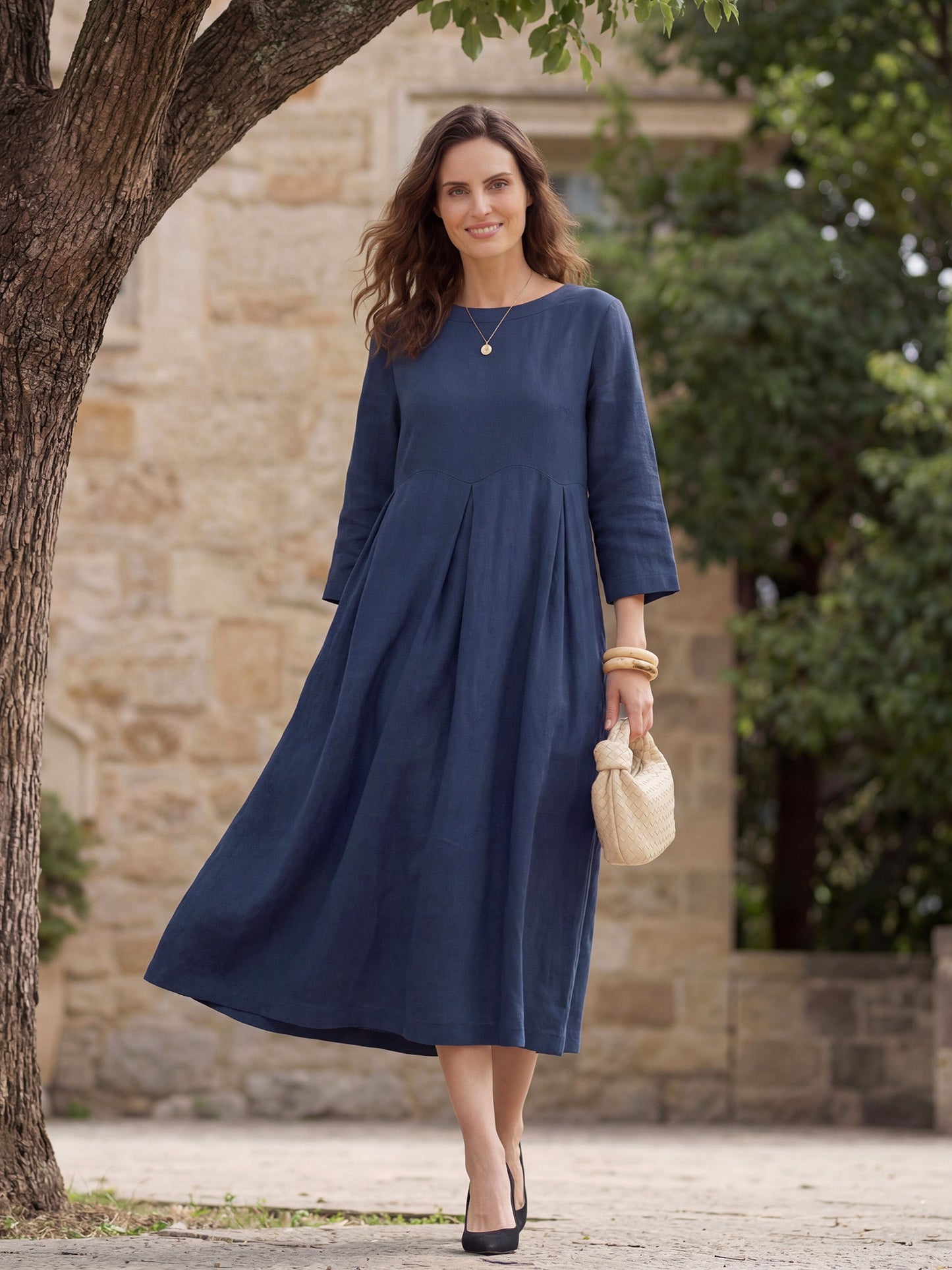 Vestido midi de lino con cuello barco y pliegues para mujer-Midi Dress-Casaluzia