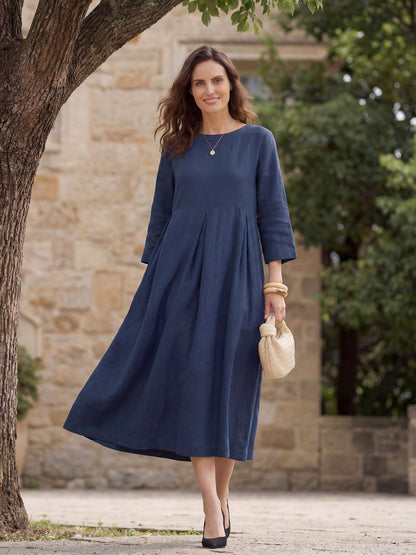 Vestido midi de lino con cuello barco y pliegues para mujer-Midi Dress-Casaluzia