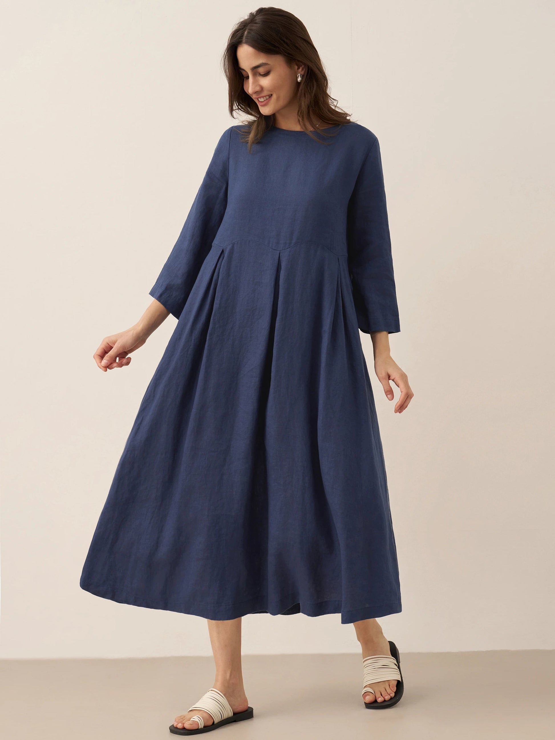 Vestido midi de lino con cuello barco y pliegues para mujer-Midi Dress-Casaluzia