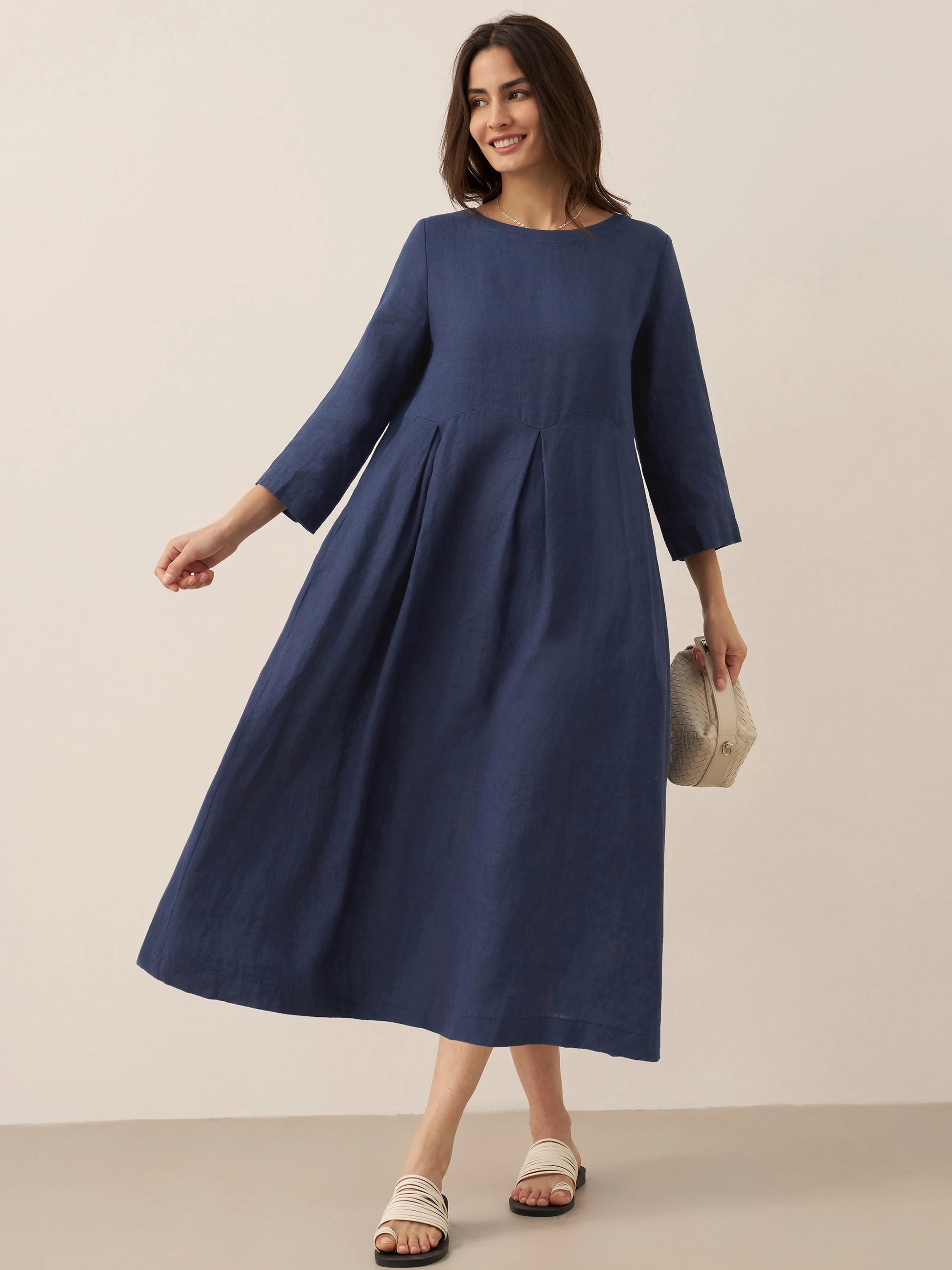 Vestido midi de lino con cuello barco y pliegues para mujer-Midi Dress-Casaluzia