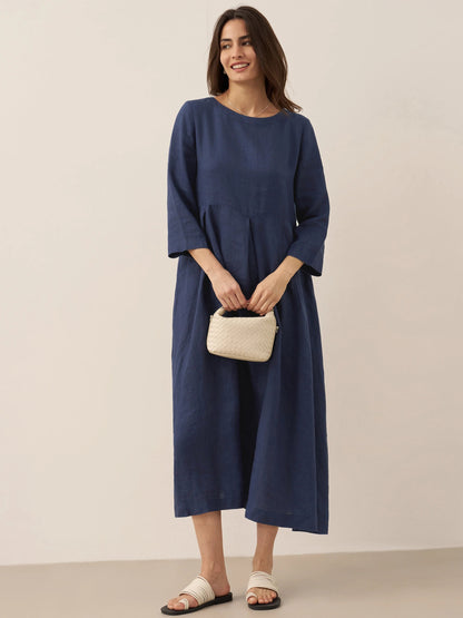 Vestido midi de lino con cuello barco y pliegues para mujer-Midi Dress-Casaluzia