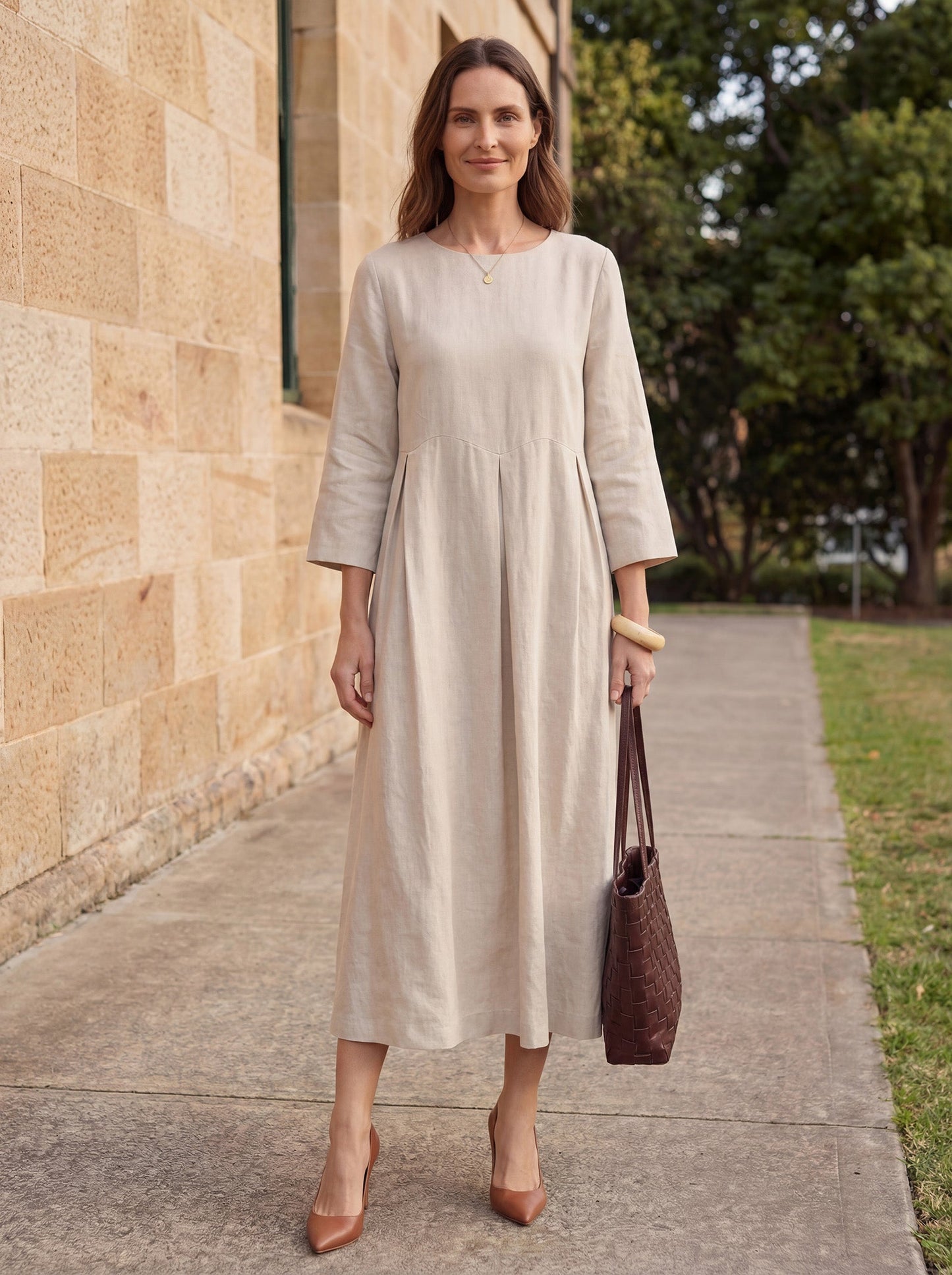 Vestido midi de lino con cuello barco y pliegues para mujer-Midi Dress-Casaluzia