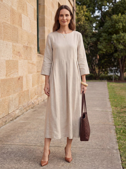 Vestido midi de lino con cuello barco y pliegues para mujer-Midi Dress-Casaluzia
