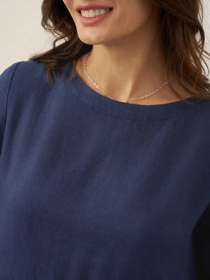 Vestido midi de lino con cuello barco y pliegues para mujer-Midi Dress-Casaluzia