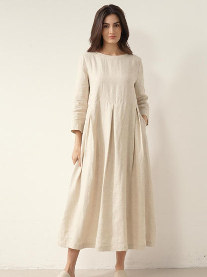 Vestido midi de lino con cuello barco y pliegues para mujer-Midi Dress-Casaluzia