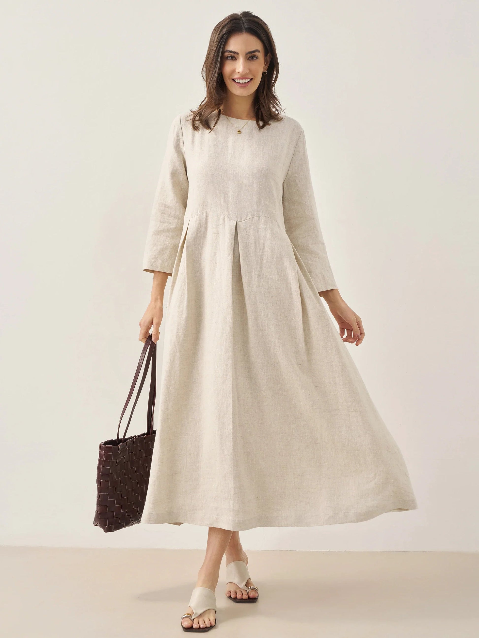 Vestido midi de lino con cuello barco y pliegues para mujer-Midi Dress-Casaluzia