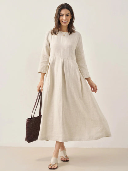 Vestido midi de lino con cuello barco y pliegues para mujer-Midi Dress-Casaluzia