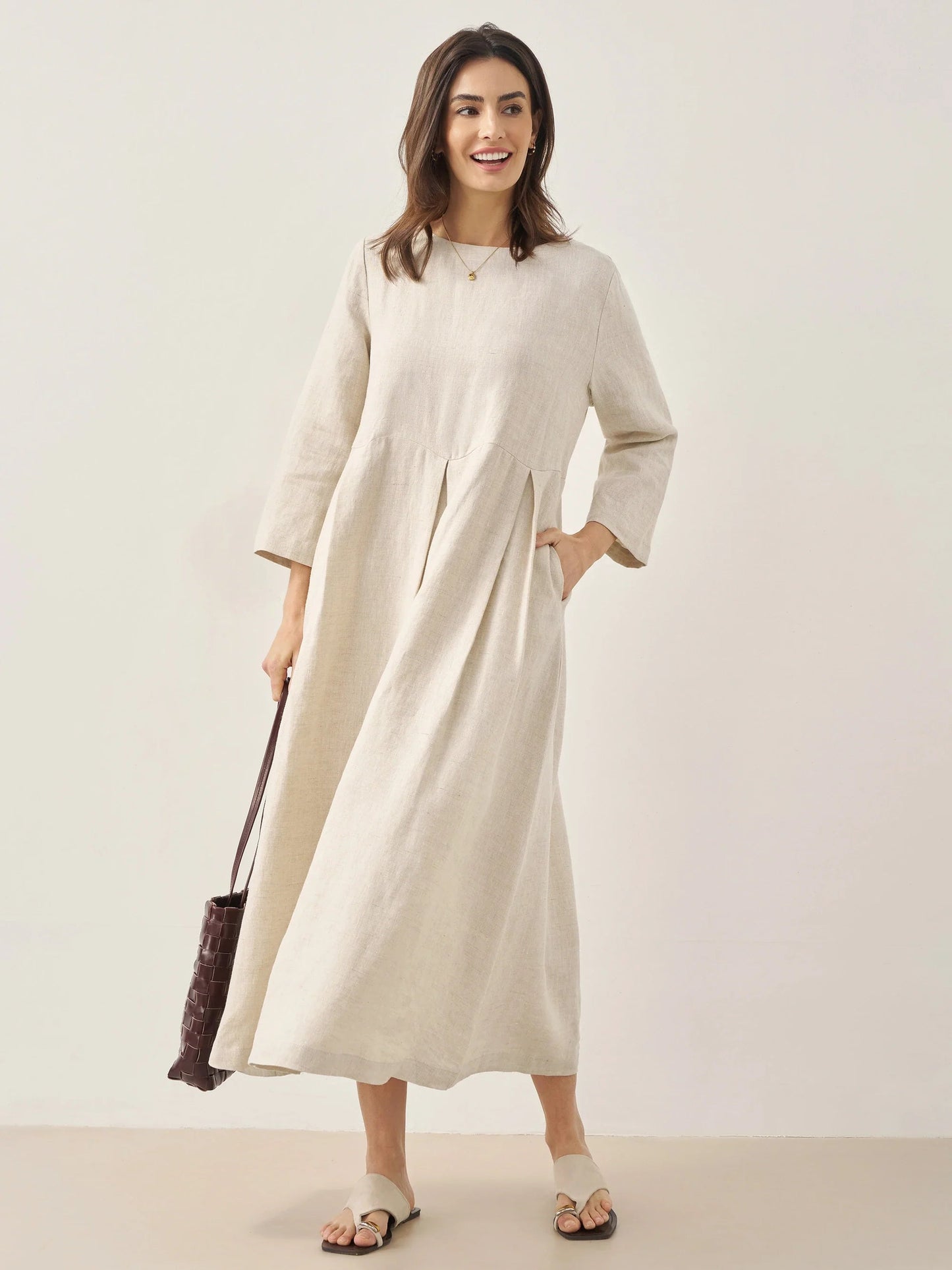 Vestido midi de lino con cuello barco y pliegues para mujer-Midi Dress-Casaluzia