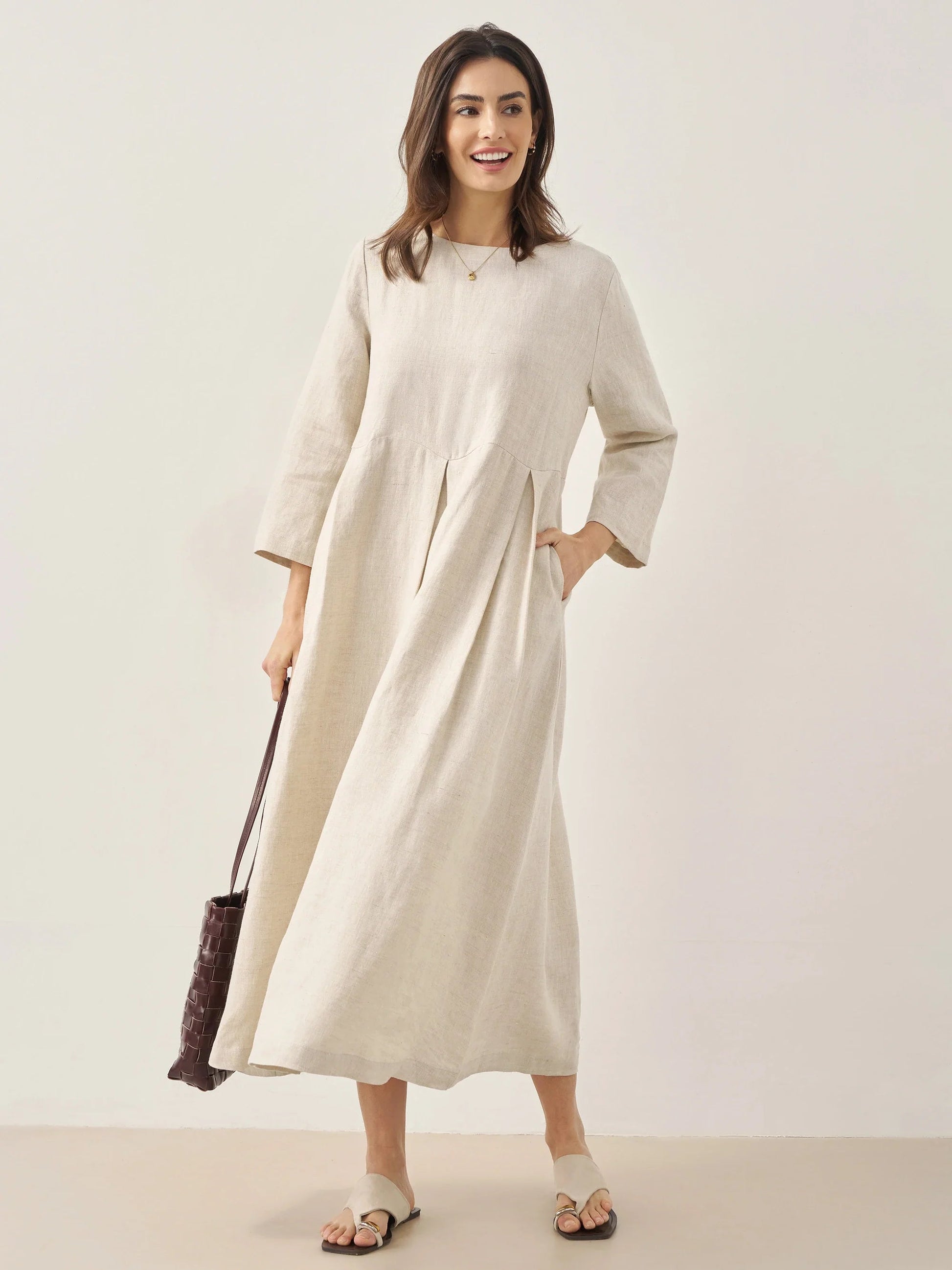 Vestido midi de lino con cuello barco y pliegues para mujer-Midi Dress-Casaluzia