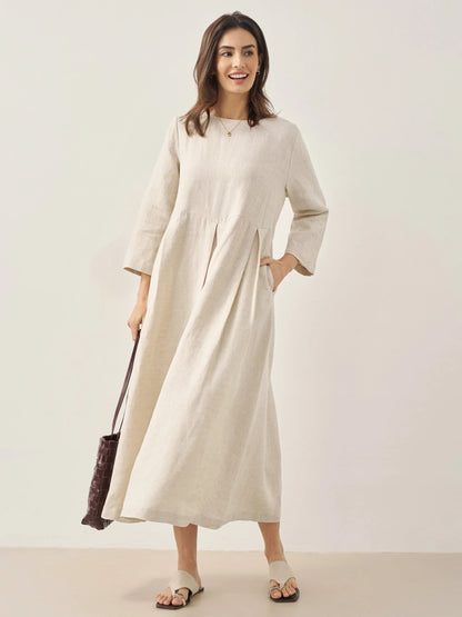 Vestido midi de lino con cuello barco y pliegues para mujer-Midi Dress-Casaluzia