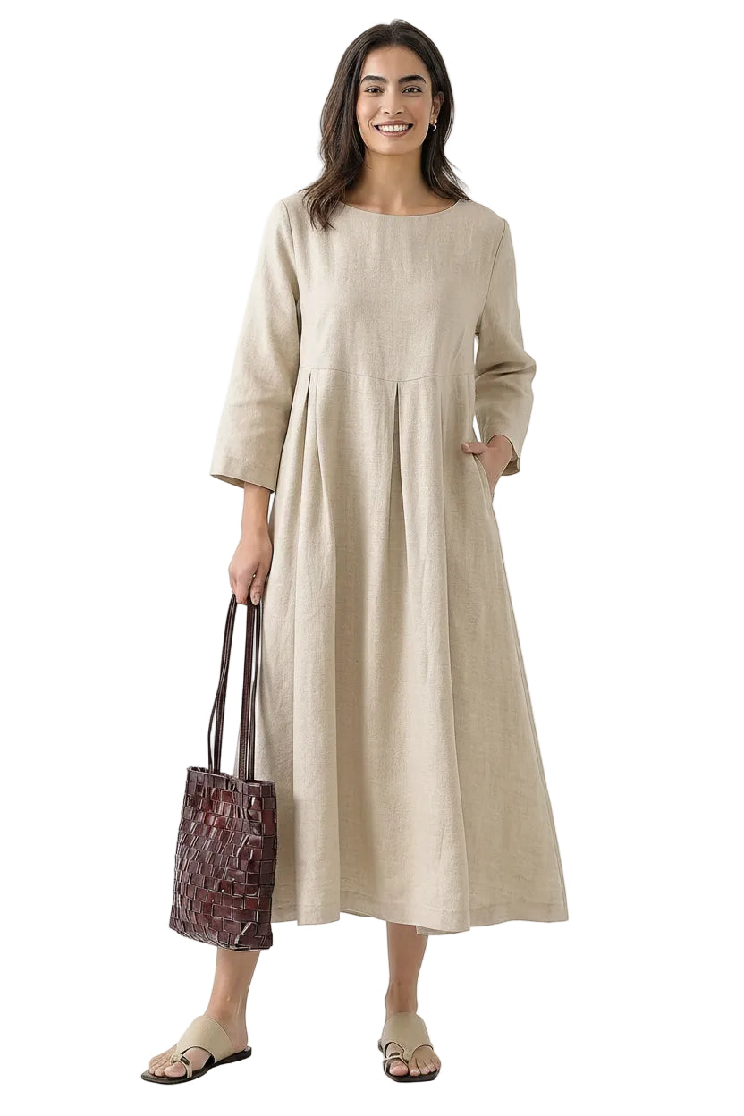 Vestido midi de lino con cuello barco y pliegues para mujer-Midi Dress-Casaluzia