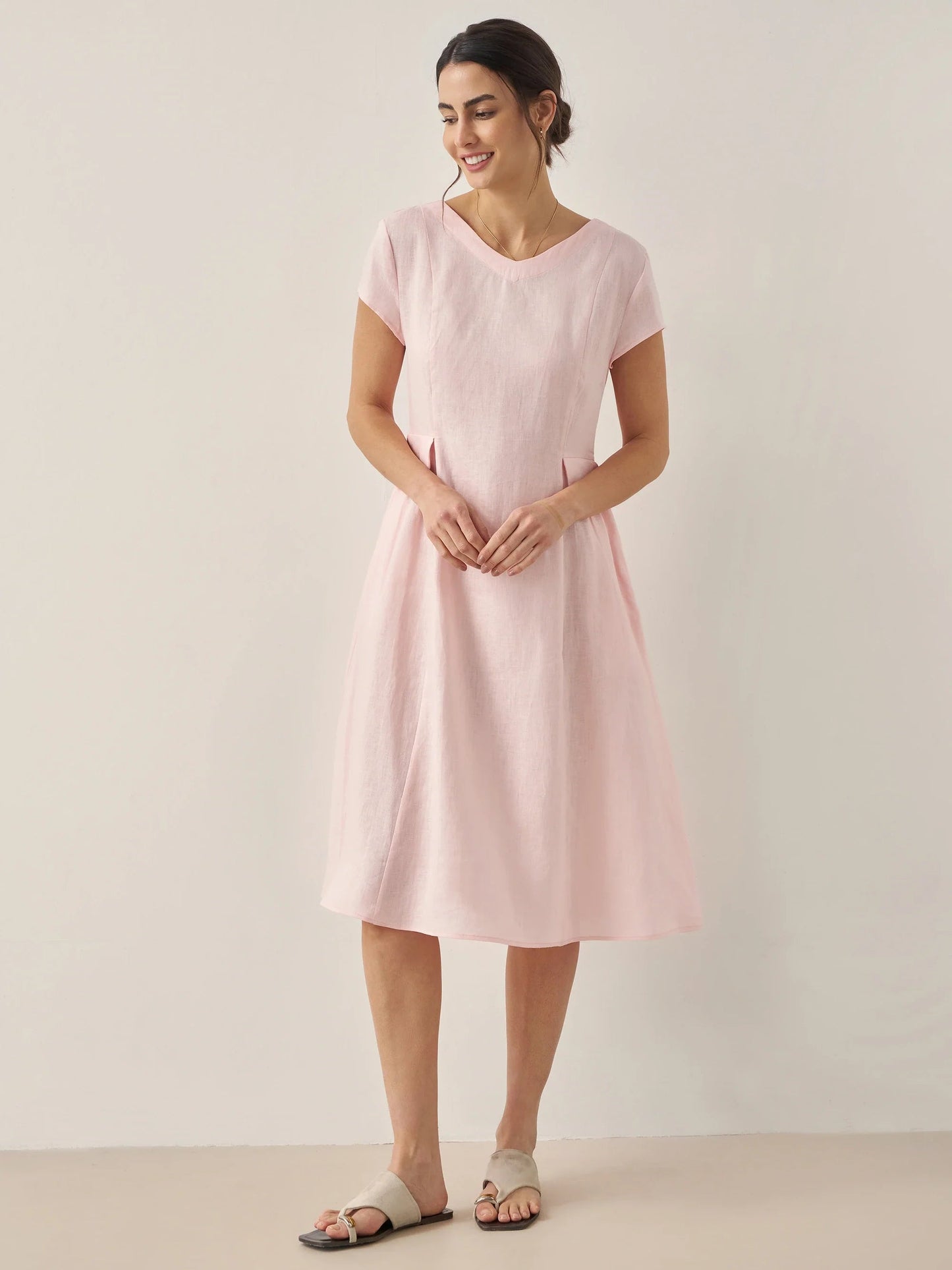 Vestido midi de lino con cuello en V y manga corta para mujer-Midi Dress-Casaluzia