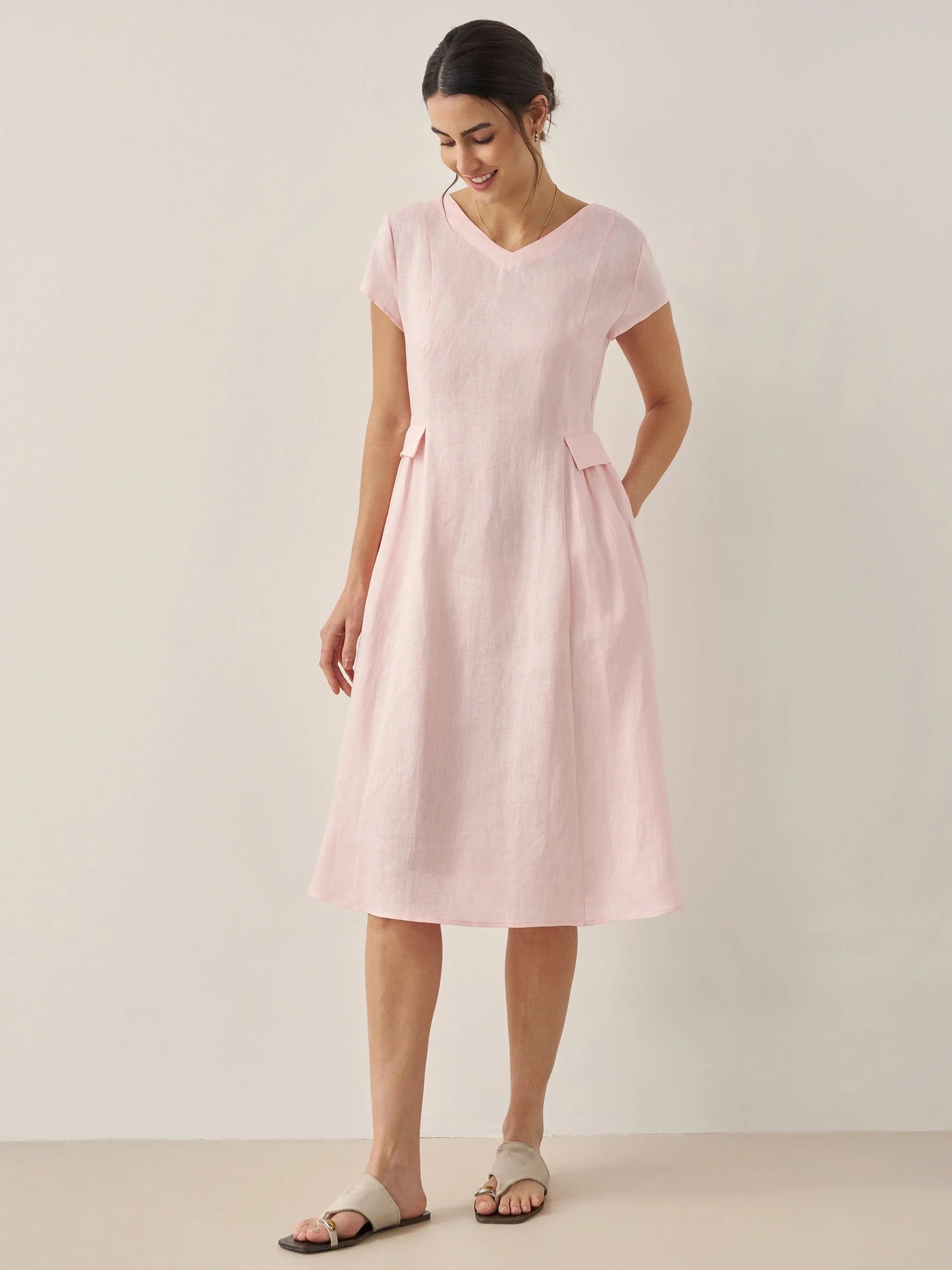 Vestido midi de lino con cuello en V y manga corta para mujer-Midi Dress-Casaluzia