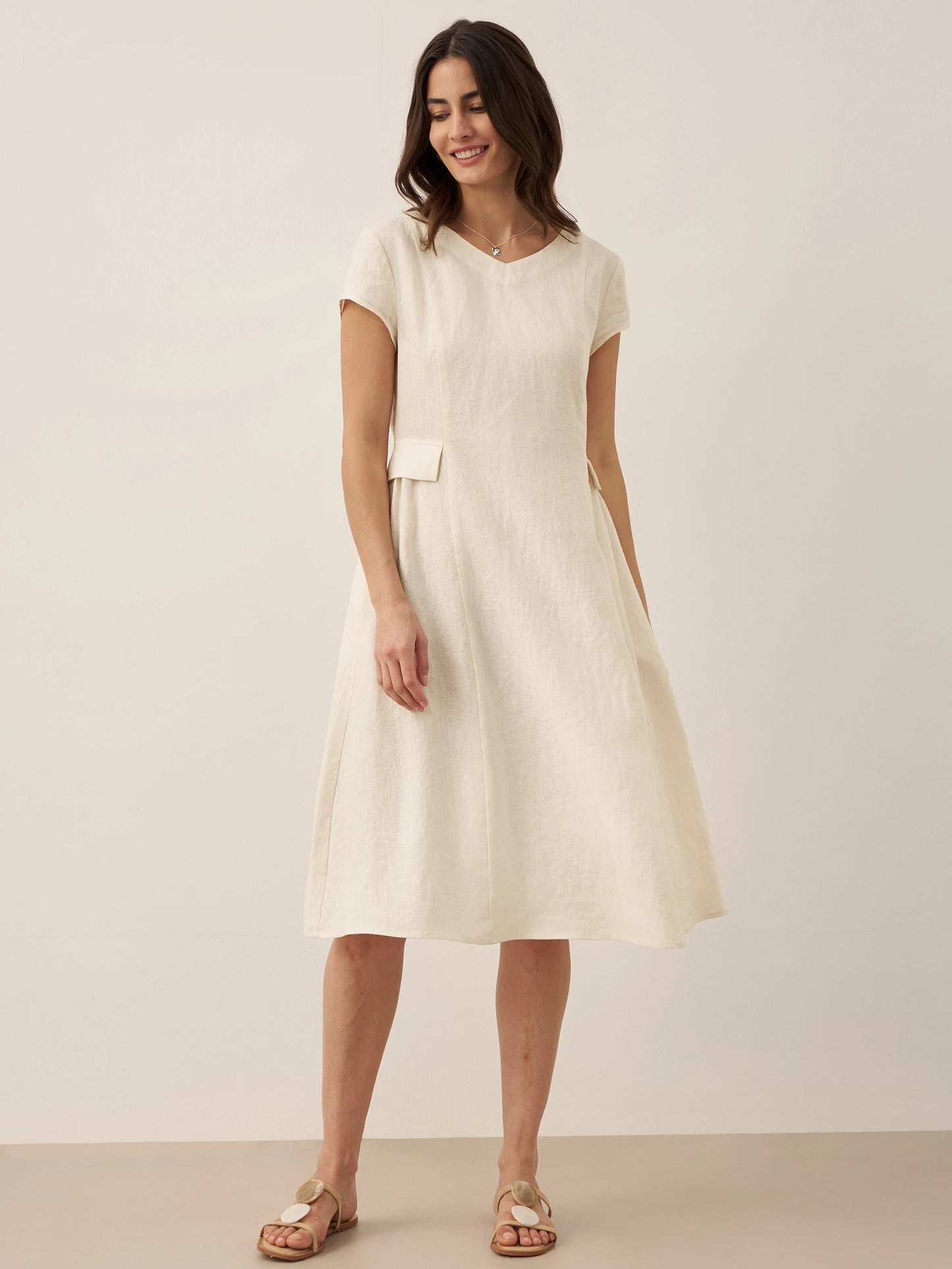 Vestido midi de lino con cuello en V y manga corta para mujer-Midi Dress-Casaluzia
