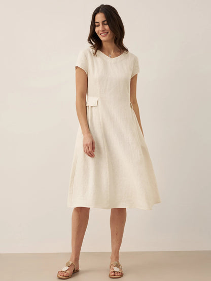 Vestido midi de lino con cuello en V y manga corta para mujer-Midi Dress-Casaluzia