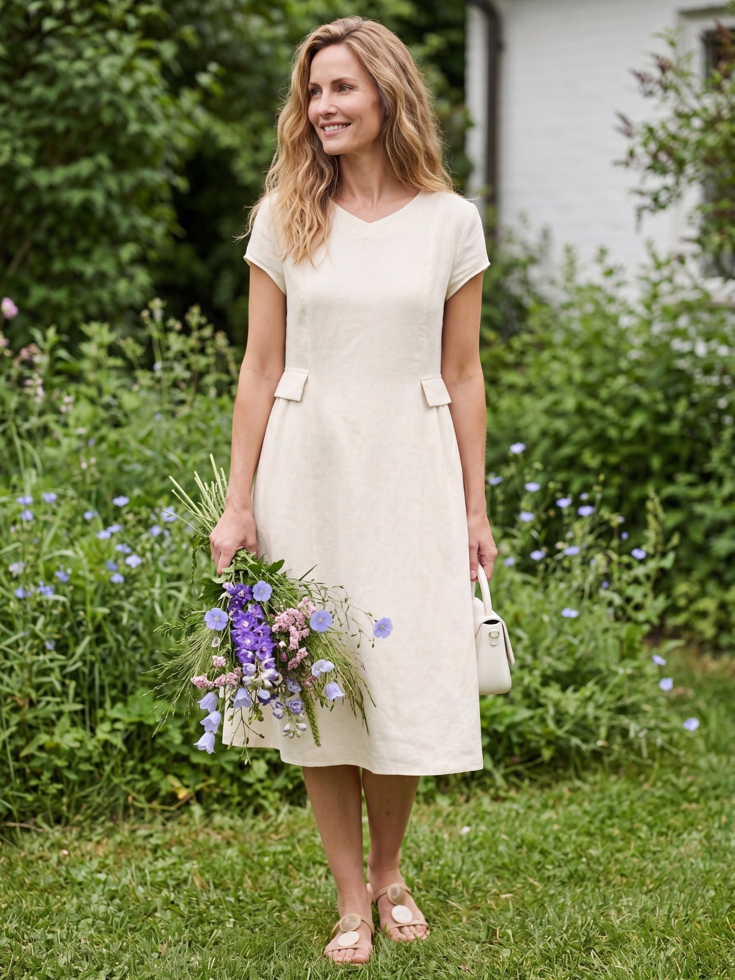 Vestido midi de lino con cuello en V y manga corta para mujer-Midi Dress-Casaluzia