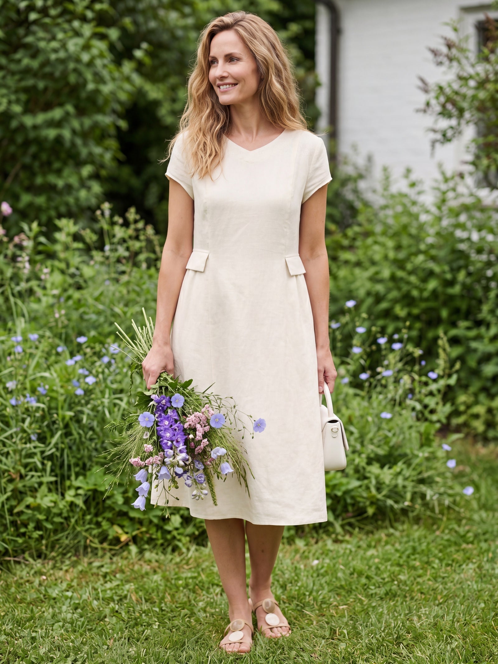 Vestido midi de lino con cuello en V y manga corta para mujer-Midi Dress-Casaluzia