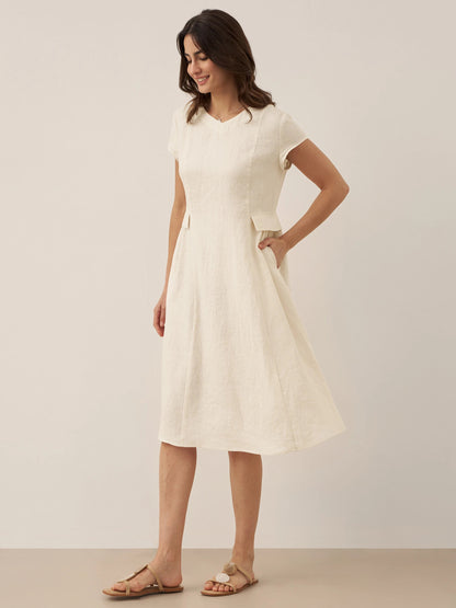 Vestido midi de lino con cuello en V y manga corta para mujer-Midi Dress-Casaluzia