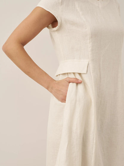 Vestido midi de lino con cuello en V y manga corta para mujer-Midi Dress-Casaluzia