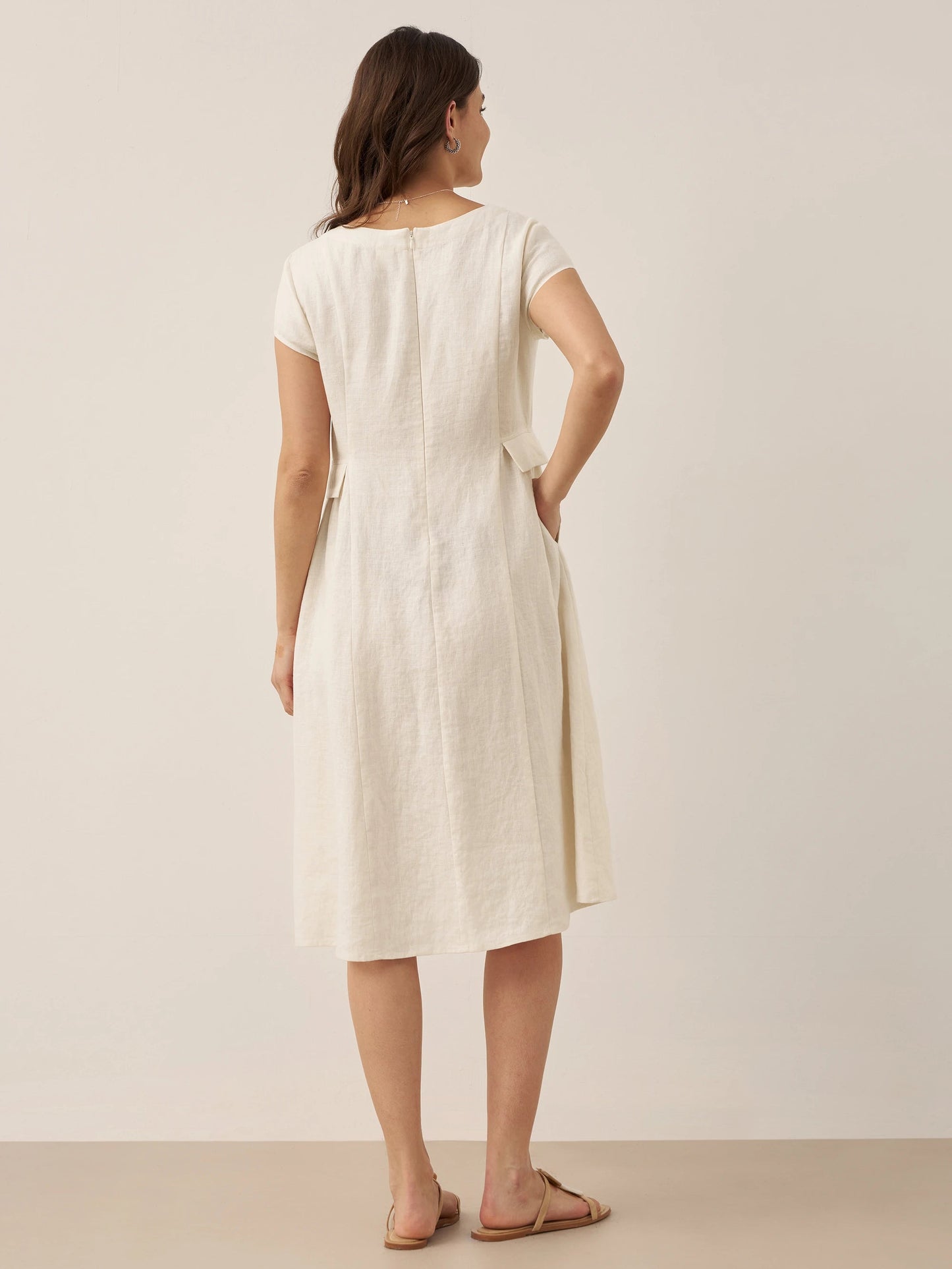 Vestido midi de lino con cuello en V y manga corta para mujer-Midi Dress-Casaluzia