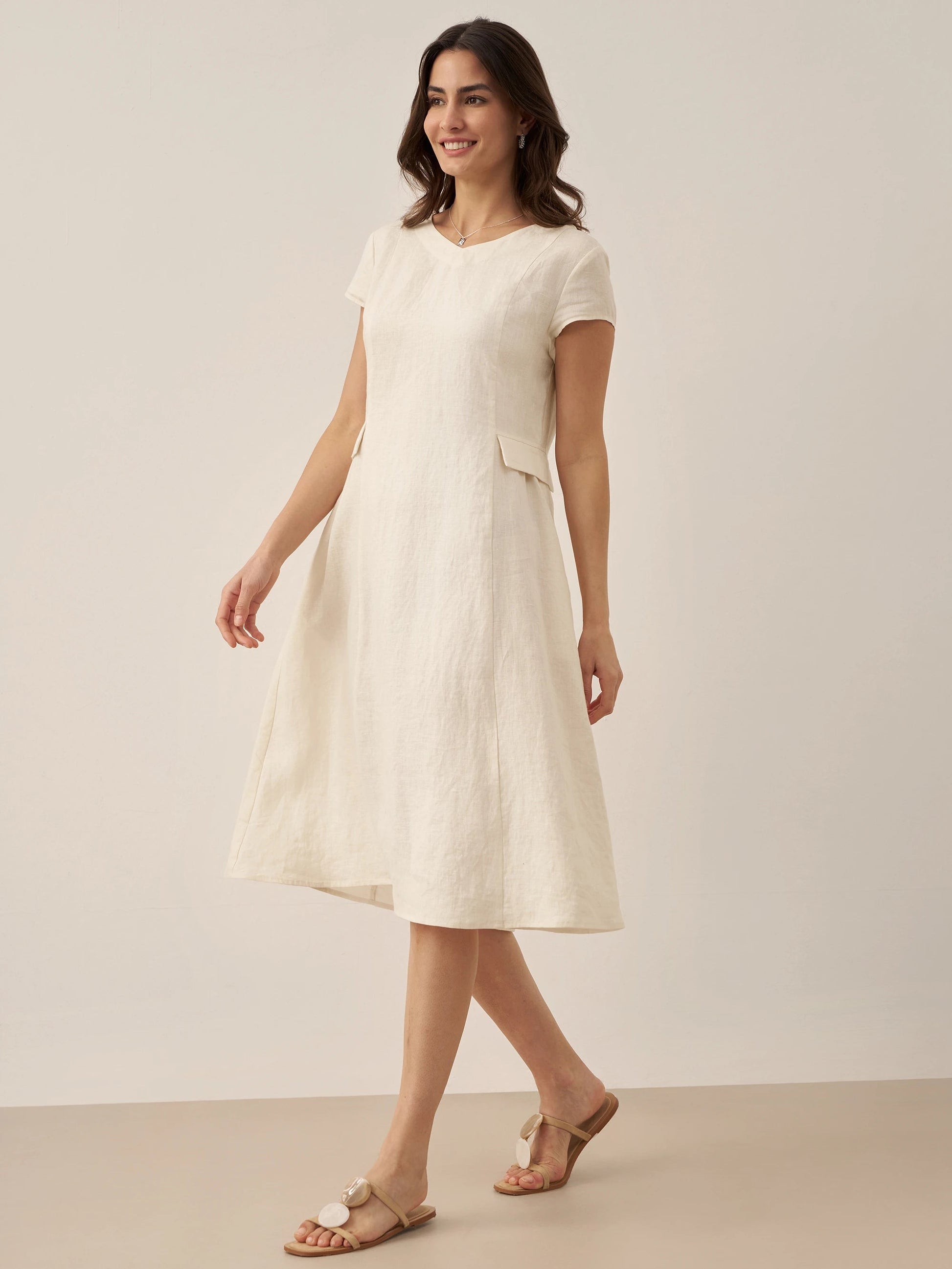 Vestido midi de lino con cuello en V y manga corta para mujer-Midi Dress-Casaluzia