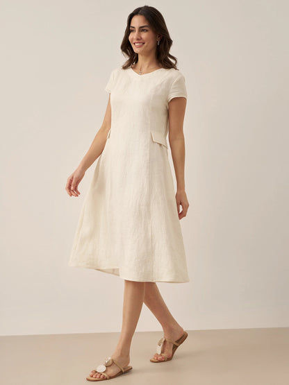 Vestido midi de lino con cuello en V y manga corta para mujer-Midi Dress-Casaluzia