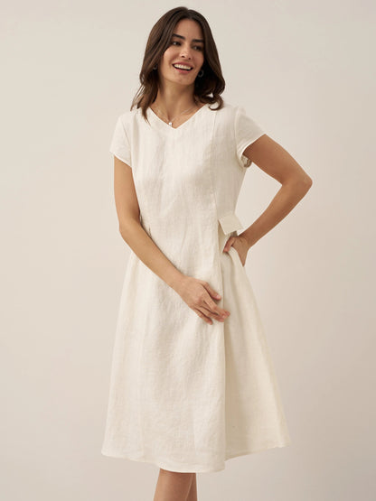 Vestido midi de lino con cuello en V y manga corta para mujer-Midi Dress-Casaluzia