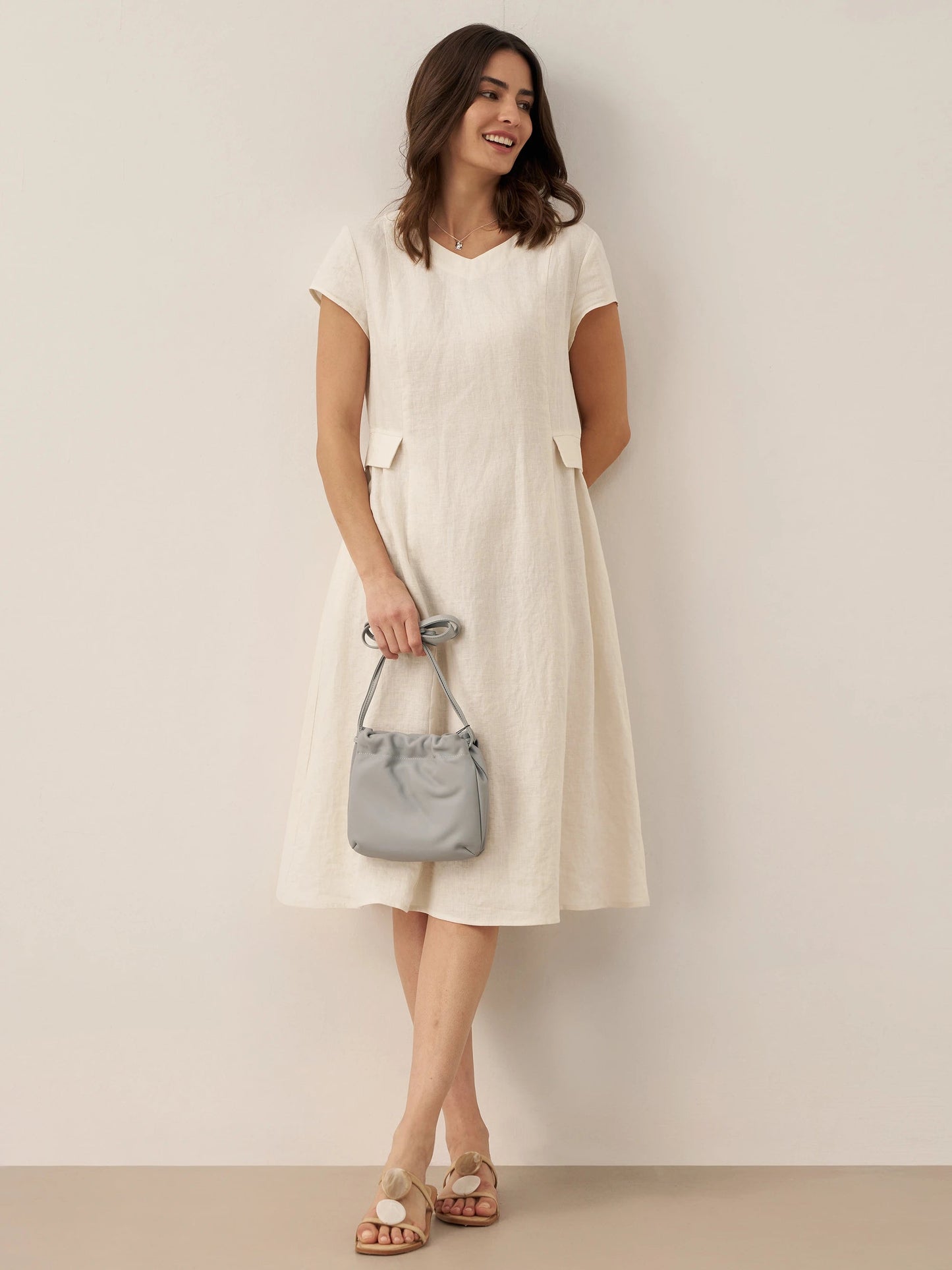 Vestido midi de lino con cuello en V y manga corta para mujer-Midi Dress-Casaluzia